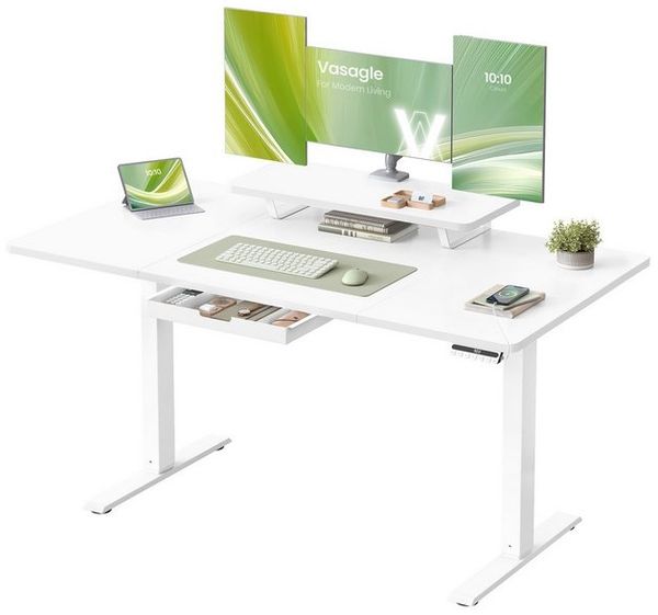 VASAGLE Höhenverstellbarer Schreibtisch, 140 x 70 cm, flexibel montierbarer Monitorständer, Schublade, USB-C-Anschluss, Erinnerung bei langem Sitzen, für Büro, wolkenweiß Bild 4