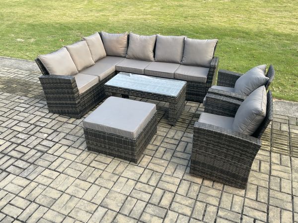 Fimous Gartenlounge Set Rattan Ecksofa Set mit 2 Sesseln Großer Fußhocker Dunkelgrau gemischt