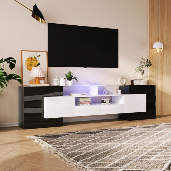 TV-Schrank mit Glasoberfläche & LED-Beleuchtung, 200x35x60 cm, Schwarz/Weiß