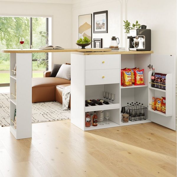 Flieks Bartisch 360° drehbar Stehtisch mit Kommode (Set, 2-St, für Esszimmer/Arbeitszimmer/Wohnzimmer), ausziehbar Esstisch Schrank mit Schubladen, Weinregal und Türablagen
