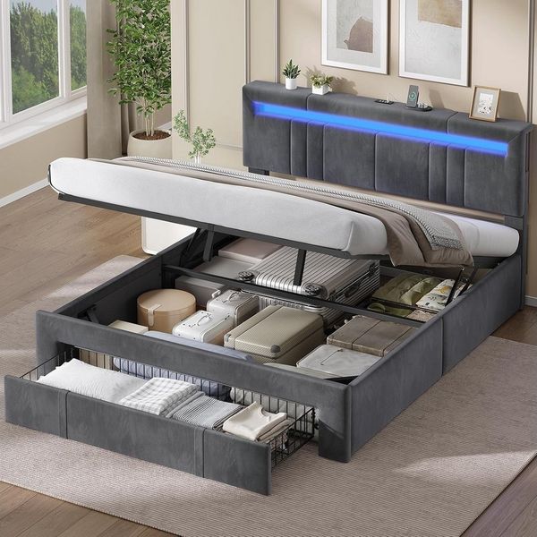 MSMASK Polsterbett mit Steckdosen und LED-Beleuchtung, höhenverstellbares Kopfteil (Ohne Matratze), Hydraulischer Stauraum & Große Schublade, Jugendbett 160x200 cm