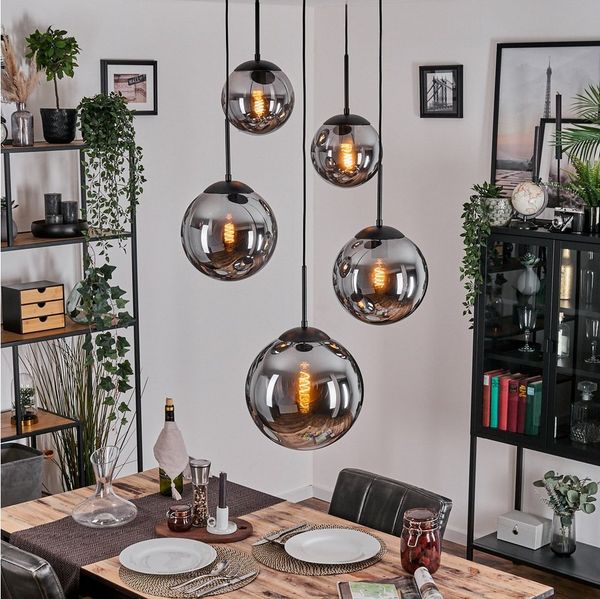 hofstein Hängeleuchte Hängelampe aus Metall/Glas in Schwarz/Rauchfarben, ohne Leuchtmittel, Retro/Vintage-Design mit Glasschirmen (20, 25, 30 cm), 5 x E27