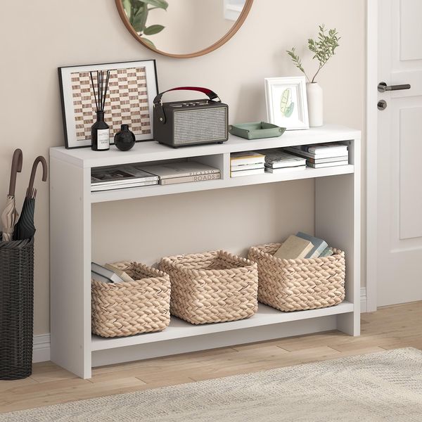 Furinno Viola Konsolentisch, 3-stöckiger schmaler Konsolentisch mit extra dickem Rahmen und Ablageboden, 47.2" breiter Sofatisch, für Wohnzimmer, Homeoffice, Eingangsbereich, Weiß