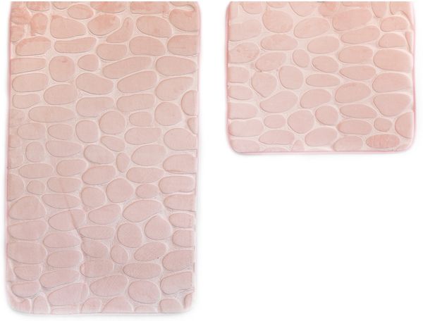 Almina Premium 2 teiliges Bademattenset aus Polyester Rutschfest Waschbar mit Steinmotiv Rosa