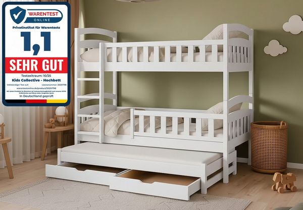 Kids Collective Etagenbett Hochbett Stockbett Kinderbett 90x200 cm mit Ausziehbett und Schubladen (Modell 2025, mit drei Matratzen inklusive), Umbaubar zu 3 Einzelbetten mit Lattenrosten & Rausfallschutz, weiß