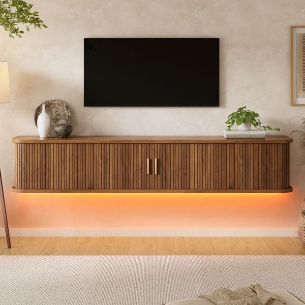 Merax Wandhängendes TV-Board, TV-Schrank, Front mit vertikaler Rillenoptik, per App regelbare LED unten, Korpus aus MDF, Nussbaum