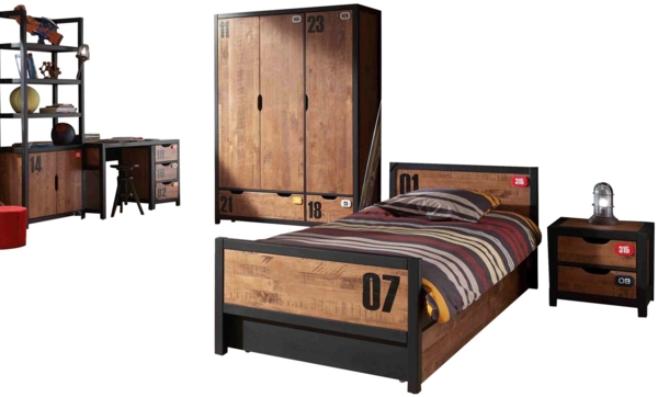 Kinderzimmer Set komplett Kameko 11 Massivholz+MDF Schwarz/Cognac