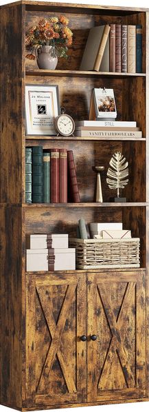 IRONCK Bücherregal Braun, Standregal mit Türen, Holz Regal mit 6 Ebenen, Offenes Aufbewahrungsregal für Wohnzimmer, Homeoffice, Esszimmer, Schlafzimmer, 24 x 60 x 180 cm