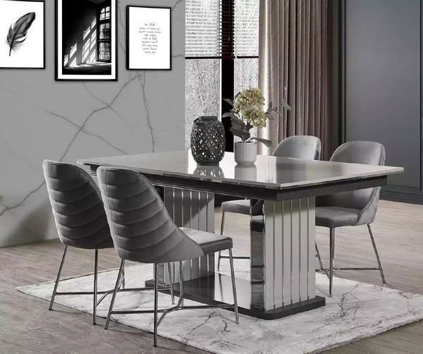 JVmoebel Essgruppe Luxus Esszimmertisch Stühle Essgruppe Holzmöbel Grau 5tlg, (5-tlg, Esstisch, 4x Stühle), Made in Europa