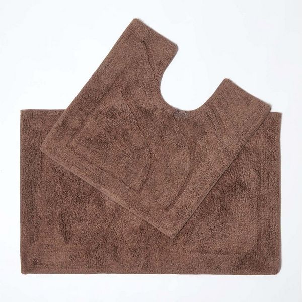 Homescapes Badematte 2 teiliges Luxus Badematten Set 100% Baumwolle braun, Höhe 30 mm, Badematte - 50x80 cm, WC Vorleger - 50x55 cm