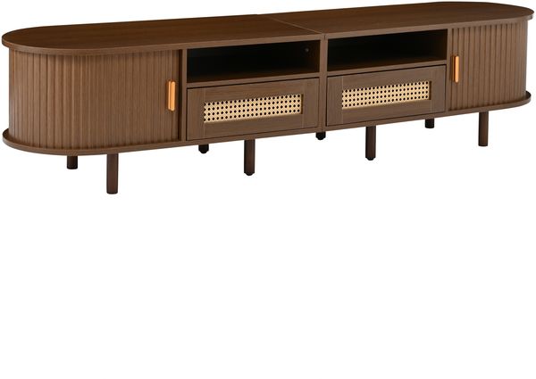Merax 170cm TV-Schrank, Ovaler TV-Ständer und Fernsehtisch, mit 2 Rattan Design Schubladen, 2 Schiebetür, Lowboard und Fernsehtisch bis zu 70 Zoll, TV-Board und TV-Kommode, Nussbaum Bild 9