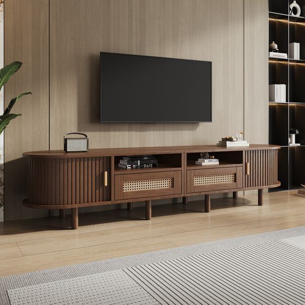 Merax 170cm TV-Schrank, Ovaler TV-Ständer und Fernsehtisch, mit 2 Rattan Design Schubladen, 2 Schiebetür, Lowboard und Fernsehtisch bis zu 70 Zoll, TV-Board und TV-Kommode, Nussbaum