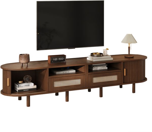 Merax 170cm TV-Schrank, Ovaler TV-Ständer und Fernsehtisch, mit 2 Rattan Design Schubladen, 2 Schiebetür, Lowboard und Fernsehtisch bis zu 70 Zoll, TV-Board und TV-Kommode, Nussbaum Bild 10