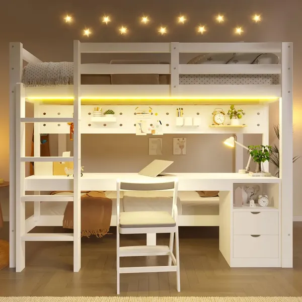 Etagenbett mit Schreibtisch, LED-Beleuchtung, Lattenrost, Wandgitter, Schubladen, Rausfallschutz, Trittleiter und Regal, 140x200 cm/90x200 cm, Kinderbett, Kiefer