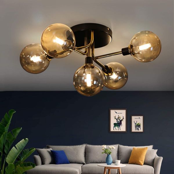 ZMH Kronleuchter Glaskugel Deckenlampe Wohnizimmer - Deckenleuchte Schlafzimmer Vintage Wohnzimmerlampe G9 Retro Schalfzimmerlampe Esszimmer 5 Flammig für Arbeitszimmer Büro Küche