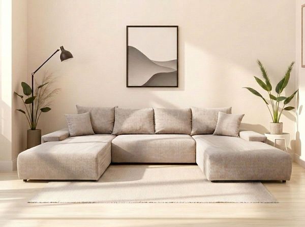 WERK2 Wohnlandschaft Amalfi, B/T: 348/188 cm, in Cord mit Schlaffunktion & Bettkasten, modernes XXL Design, U-Form
