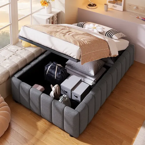 Futonbett mit Lattenrost und Aufbewahrung, 90x200 cm, Einzelbett, Leinen