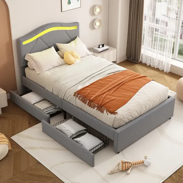 Polsterbett mit LED-Beleuchtung und Schubladen, 90x200cm, gepolsterter Kopfteil, Einzelbett, Stauraumbett, Leinen