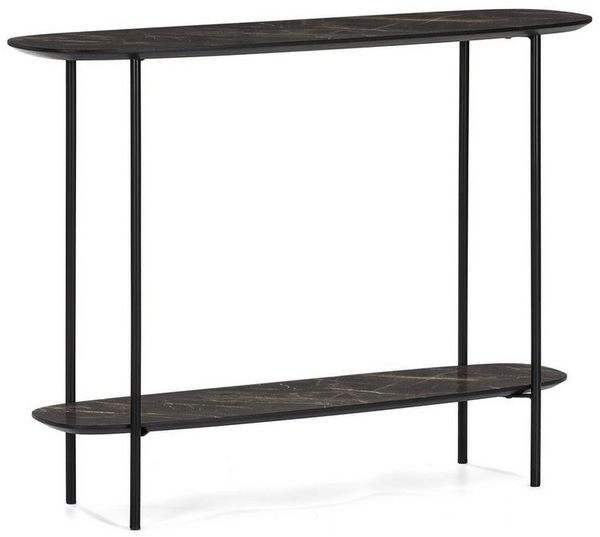 Wohnando Couchtisch Konsolentisch "Ares", dunkles Mamordekor, schwarz, 100 x 30 x 75 cm, Flurtisch, schwarz Metallbeine, Ablagetisch Flur, Wohnzimmer Sideboard