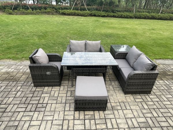 Fimous Rattan Garten Sofa Set Gartenmöbel Langer Rechteckiger Esstisch mit Sesseln Großer Fußhocker Beistelltisch Dunkelgrau gemischt