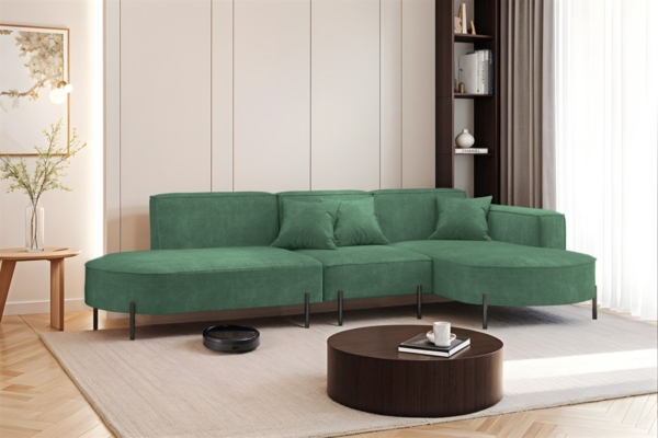 Ecksofa Designersofa VALENCIA in Stoff Noel Grün Ottomane Rechts