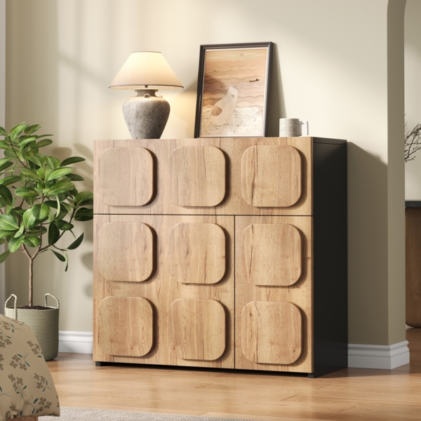 Vintage Kommode, Holzstruktur & schwarze Seiten, Retro Design trifft moderne Ästhetik