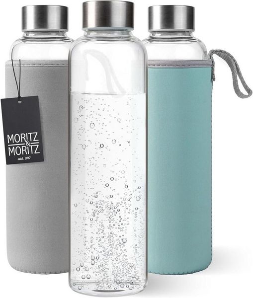 Moritz & Moritz Trinkflasche Trinkflasche Glas 500ml (Blau/Grau), schützender Neoprenbezug & Trageschlaufe