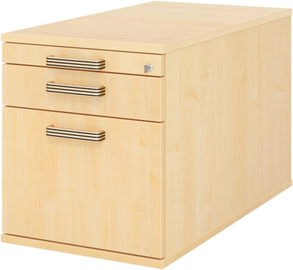 bümö Rollcontainer mit Hängeregister für Hängeordner, Container abschließbar in Ahorn - Rollwagen mit Hängeregistratur als Schreibtisch Unterschrank od. Bürocontainer m. Streifengriffe, TC20-3-3-SG