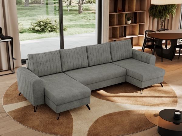 U-förmige Ecksofa, XXL Universalecke mit losen Kissen zum Wohnzimmer, Bettkästen und Schlaffunktion, schwarze Metallbeine - AXEL U - Grau Stoff