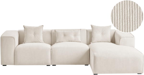 Ecksofa DOLVA Cord Cremeweiß Linksseitig