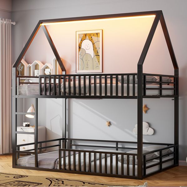 Etagenbett Metall mit Zaun & LED-Licht, 140x200 cm, Schwarz