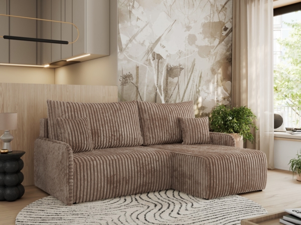 Ecksofa für das Wohnzimmer, mit losen Kissen, Schlaffunktion und Bettkästen, L-förmiges Ecksofa mit Armlehnen, Wellenfeder - ARPA - Braun Cord - rechte Seite
