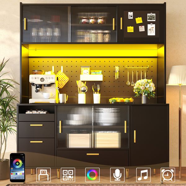 Hochglanz-Schwarzer Buffetschrank mit LED-Beleuchtung & Lochwand, 180cm hoher Küchenschrank mit Glas-Schiebetüren & Magnettür, belastbar bis 60kg
