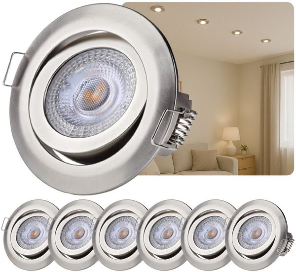 Sweet LED LED Einbaustrahler 6er Set 5 W Deckenspots rund chrom 3-Stufen dimmbar schwenkbar 230V, Deckenspots, Deckenstrahler,Einbauleuchten