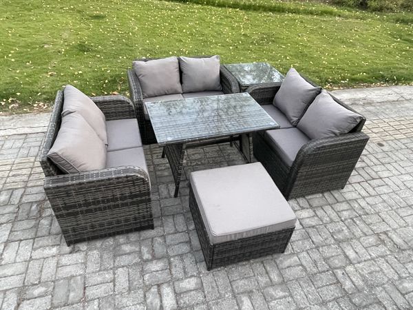 Fimous Polyrattan Gartenmöbel Set 7-Sitzer Gartensofa Set mit Rechteckiger Esstisch 2 Großer Hockern Beistelltisch Dunkelgrau Gemischt