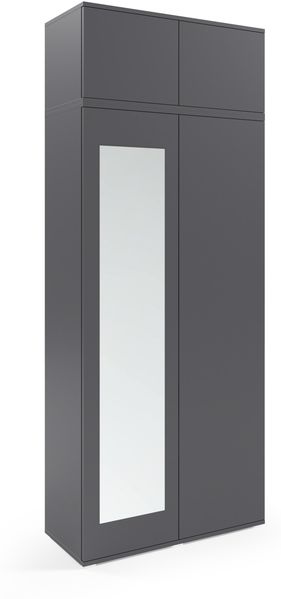 Kleiderschrank 90 cm Modulo 2-türig mit Spiegel und Schrankaufsatz, Mehrzweckschrank, Graphit, Push-to-Open-System, Modernes Design, 225 x 40 x 90 cm
