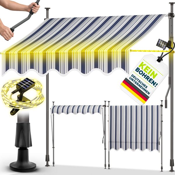tillvex Klemmmarkise 250 cm Blau/Grau mit Solar LED mit Handkurbel Balkon | Balkonmarkise ohne Bohren | Markise UV-beständig & höhenverstellbar | Sonnenschutz wasserdicht