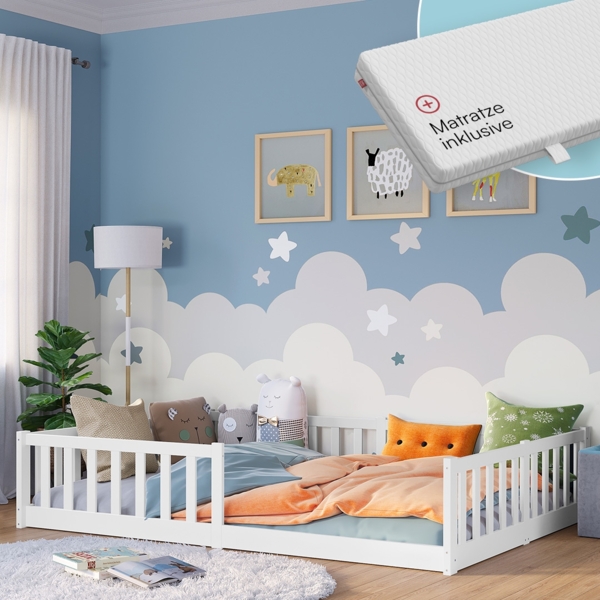 Bellabino 'Vere' Bodenbett 140x200 cm mit Matratze, weiß, Massivholz Kiefer, Montessori Kinderbett mit Rausfallschutz und Lattenrost