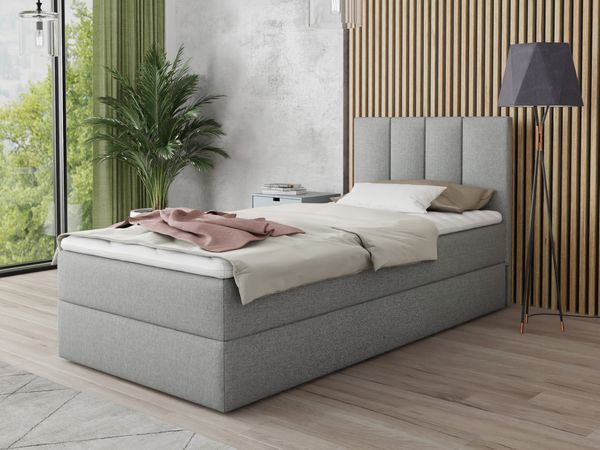 Boxspringbett Star Mini mit Bettkasten, Bonell-Matratze und Topper - Einzelbett mit Matratzentopper, Polsterbett, Bett, Schlafzimmer, Jugendzimmer (Grau (Inari 91), 120 x 200 cm)