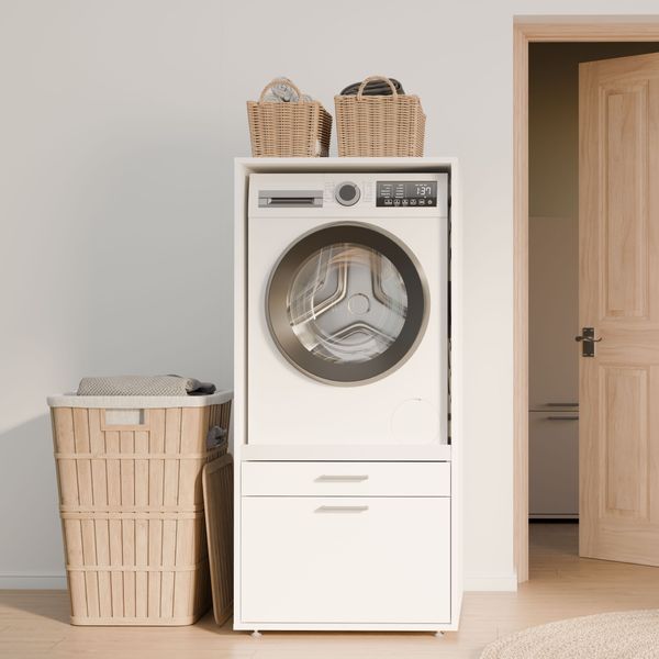 Forte WASHCAB Waschschrank 60 70, moderner Schrank zur Aufbewahrung von Waschmaschine oder Trockner, 2 Schubladen, Badezimmer, Holzwerkstoff, Weiß, 66,8 cm breit x 142,4 cm hoch x 67,5 cm tief