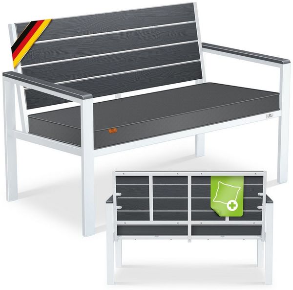 KESSER® Gartenbank mit Kissen – Sitzbank Wetterfest 2-Sitzer Parkbank in Holzoptik Balkonbank für Garten Terrasse Balkon bis 300 kg belastbar UV-beständig inkl. abnehmbarem & waschbarem Polsterbezug Anthrazit / Weiß