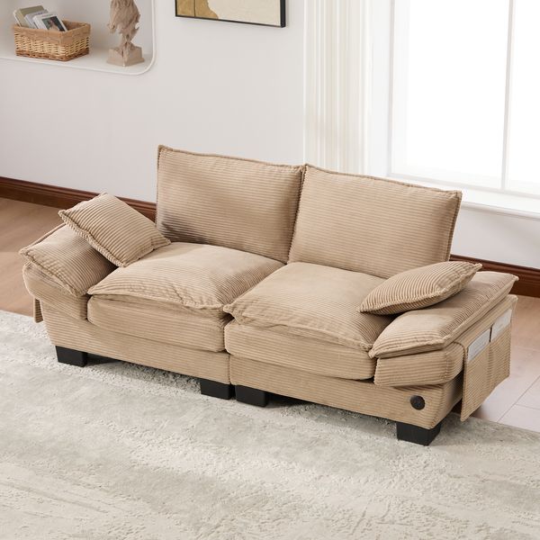 2-Sitzer Sofa aus Cord 190x73x84 cm mit Seitentaschen, beige