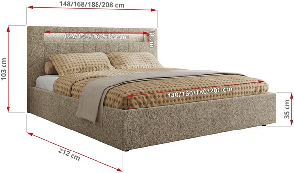 Polsterbett GOLD 5 CLASSIC 140 x 200 cm mit LED-Beleuchtung & Bettkasten, Doppelbett inkl. Lattenrost, Metall-Lift-System & Stauraum - Dunkelbeige Struktur Bild 7