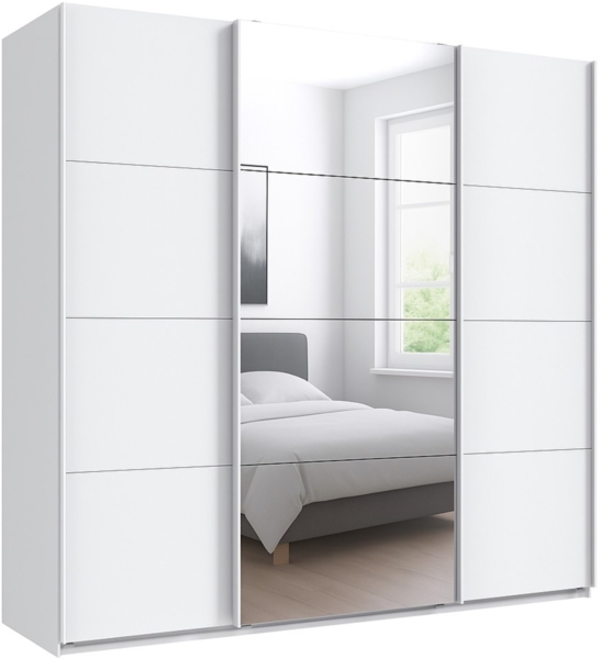 Schwebetürenschrank Kleiderschrank B225 cm extra H236 cm 3-türig Weiß, 1x Spiegeltür