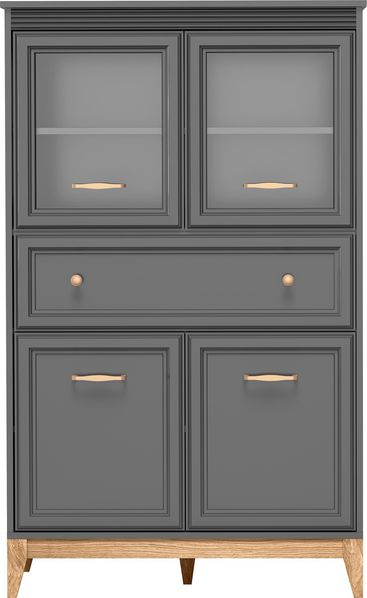 AX LIVING Vitrine Nymphen Dunkelgrau Glas 4 Türen 1 Schublade MDF Eiche Beine