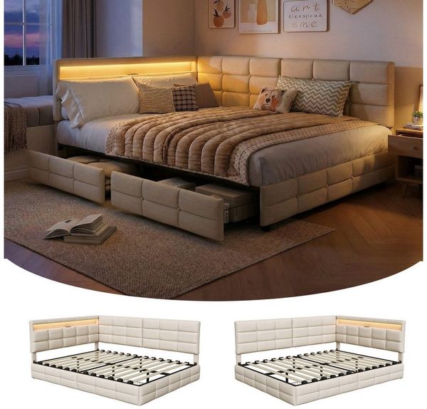 Furnishings Home Polsterbett LED Tagesbett Daybett 90x200 cm, Stauraumbett mit Kopfteil (Kopfteil beidseitig montierbar Geeignet für Jungen und Mädchen), mit Lattenrost und Ladefunktion, mit Komforthöhe, Leises Design Bett