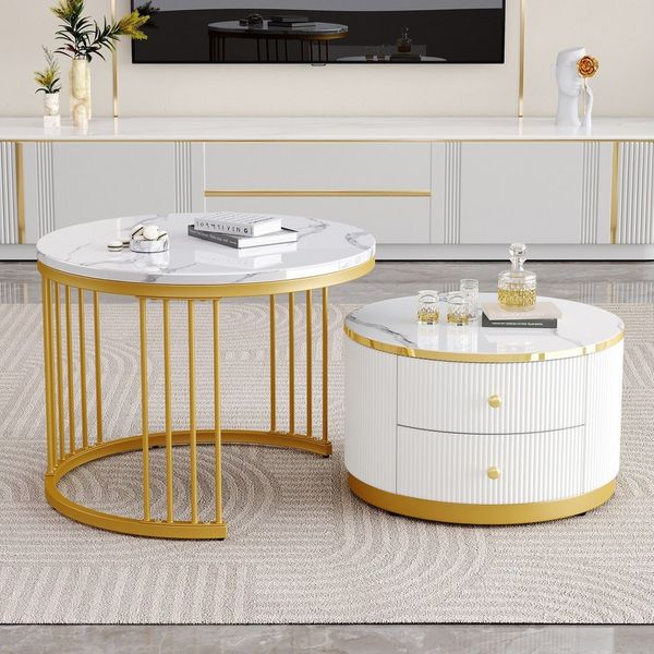 STILVORA Couchtisch mit Schubladen,2er-Set Wohnzimmertisch Sofatisch mit Marmoroptik (Sofatisch, Wohnzimmertisch, 2-St, 60*60*45.5+50*50*32 cm(L*W*H), mit 2 Schubladen, hochglänzender Marmoroptik