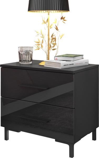 Domando Nachttisch Campione Modern für Schlafzimmer Breite 55cm, LED Beleuchtung in Weiß, elegante Füße in Schwarz Matt und Schwarz Hochglanz