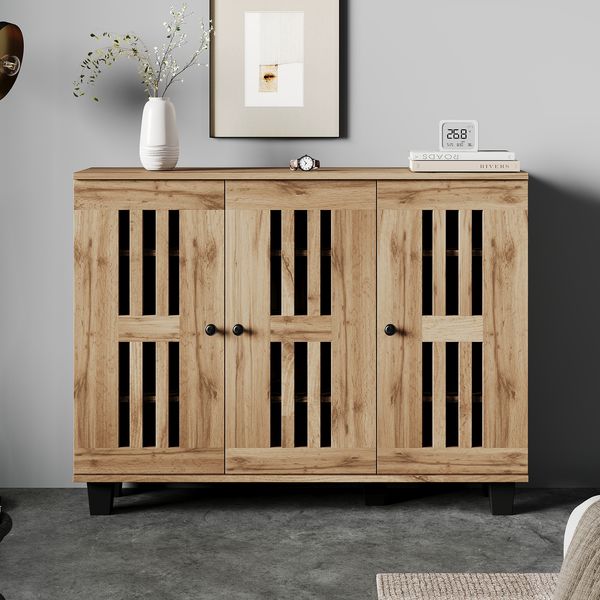 Sideboard, 3-türiger Schrank mit 8 Ablagefächern, Beistelltisch für Wohnzimmer, Schlafzimmer oder Büro, MDF, Weiß, 120×32×92 cm