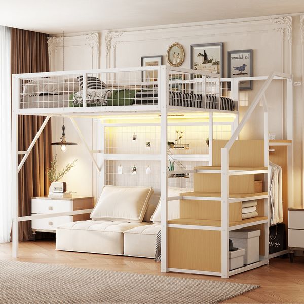 Hochbett 140×200 cm mit umlaufendem Rausfallschutz, Treppe mit Stauraum, Weiß, ohne Matratze